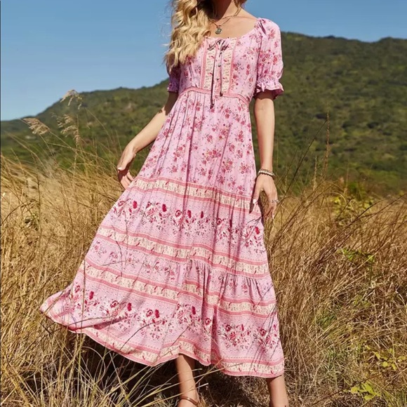 Boho gypsy long maxi dress pink paisley floral - Picture 4 of 13